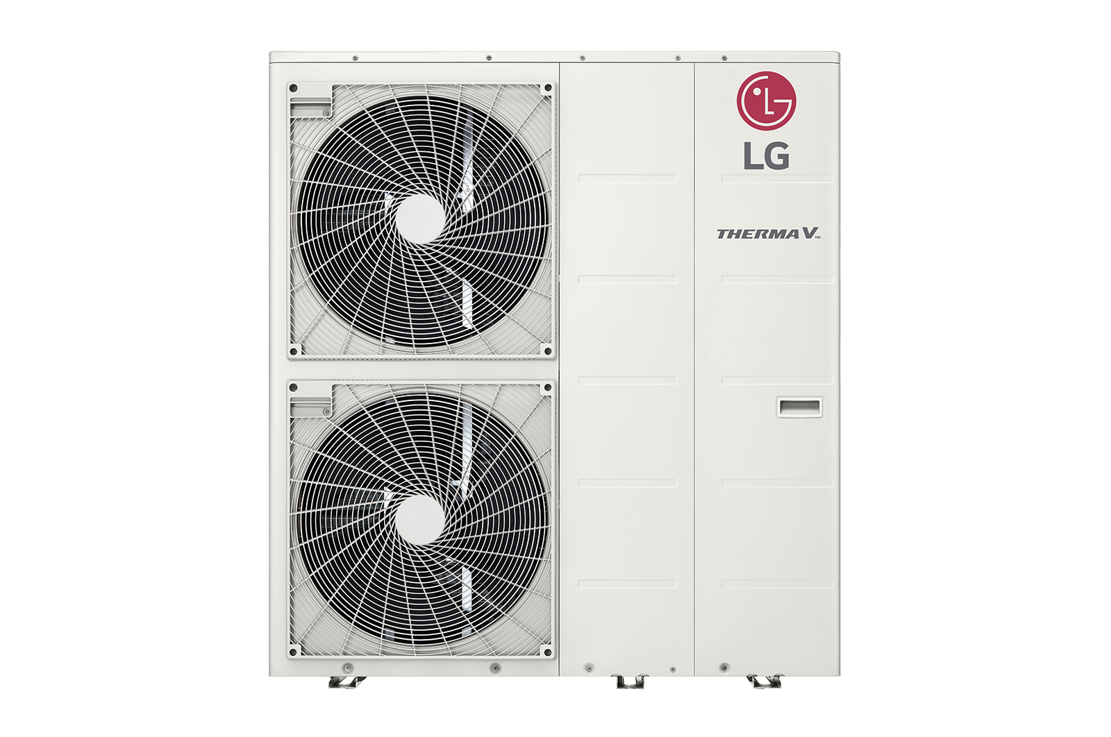 Front view of white rectangular LG R32 Monobloc S with two round fans in vertical direction and upper right LG logo.