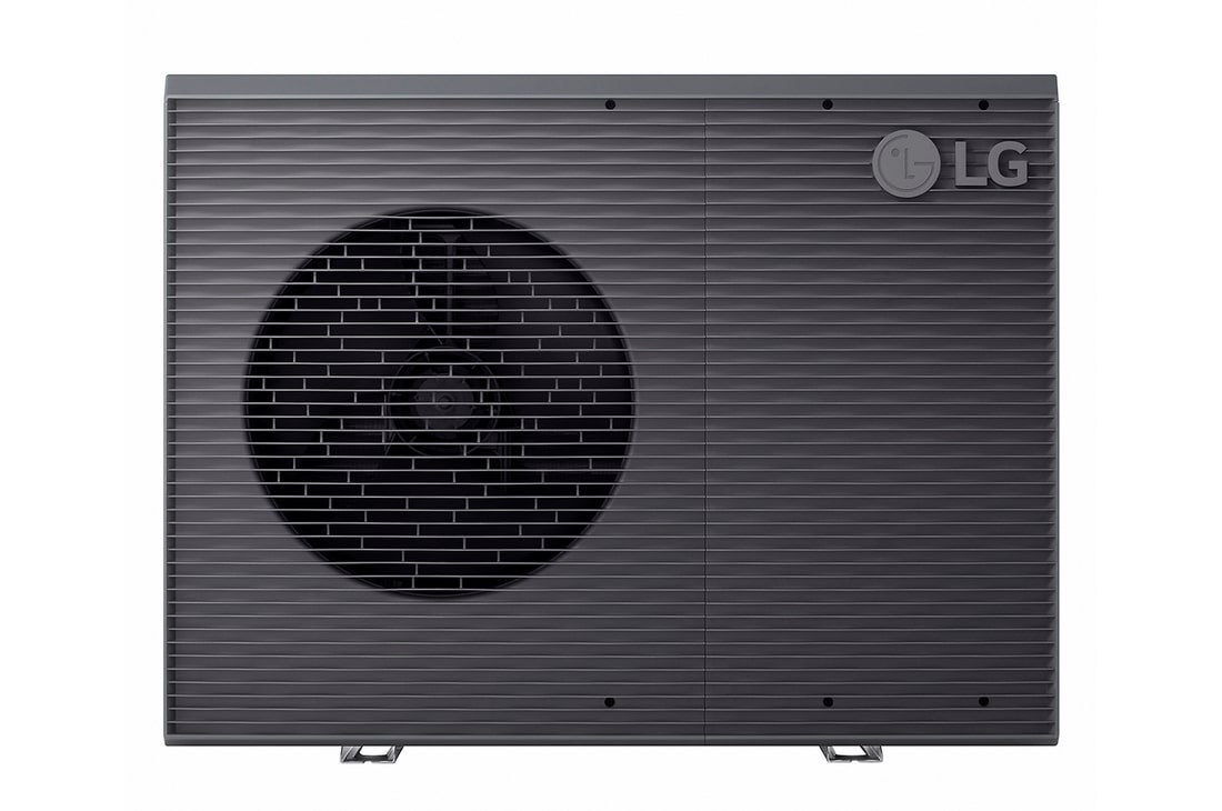 Front view of white rectangular LG R32 Monobloc S with two round fans in vertical direction and upper right LG logo.