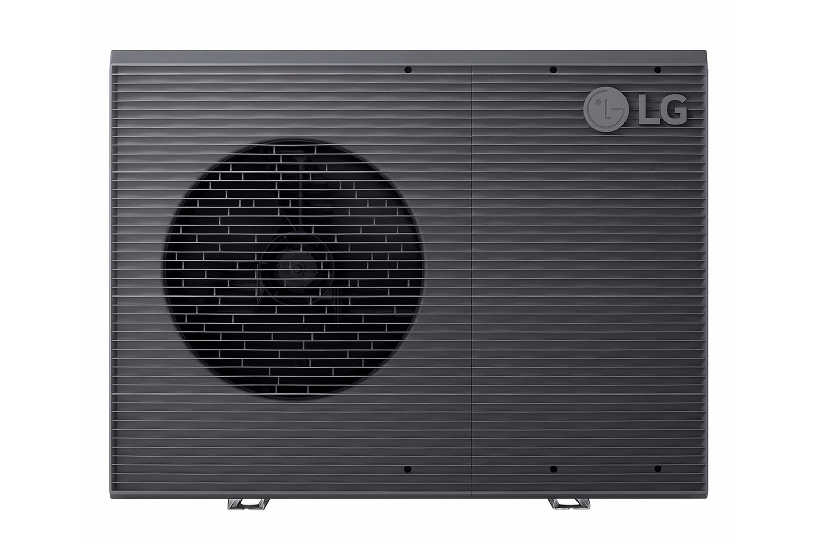 Front view of white rectangular LG R32 Monobloc S with two round fans in vertical direction and upper right LG logo.