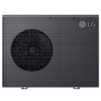 Front view of white rectangular LG R32 Monobloc S with two round fans in vertical direction and upper right LG logo.