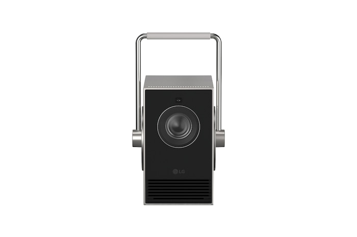 Front view of LG CineBeam Q Mini Projector, 4K UHD, 120" screen, RGB Laser, 600 ANSI Lumens, Silver - PU600U