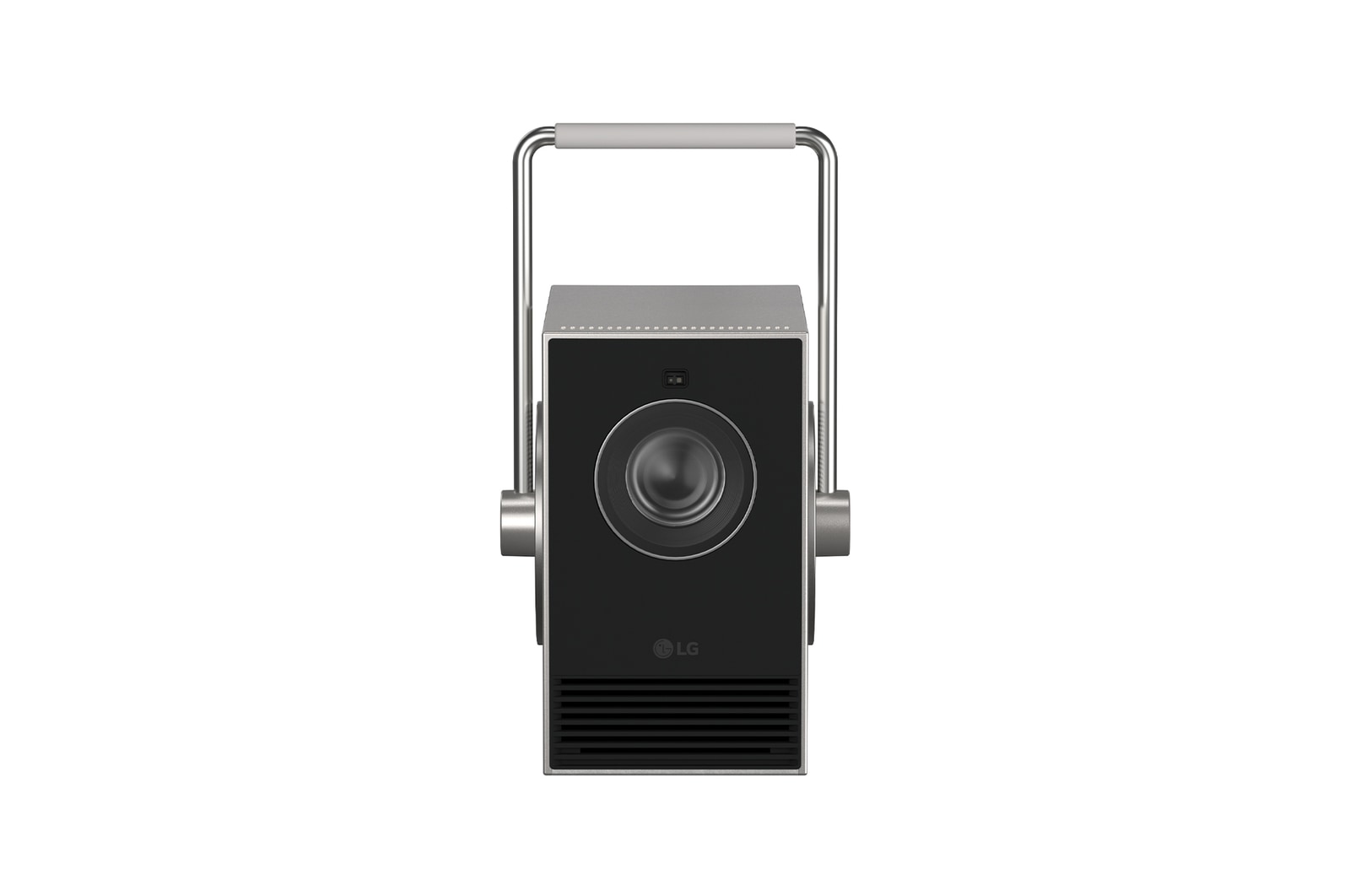 Front view of LG CineBeam Q Mini Projector, 4K UHD, 120" screen, RGB Laser, 600 ANSI Lumens, Silver - PU600U