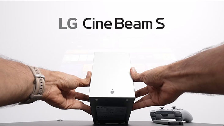 LG CineBeam S ultra short throw 4K mini projector showcasing compact design and projected image quality in home environments.