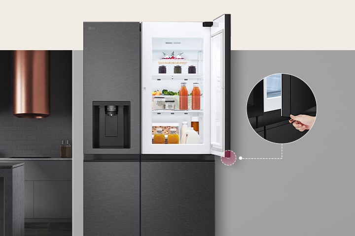 The refrigerator is installed in the kitchen wall with being opened the front door of the refrigerator door due to the Door-in-Door™ function with an expanded photo of using the Door-in-Door™ button on the right side.