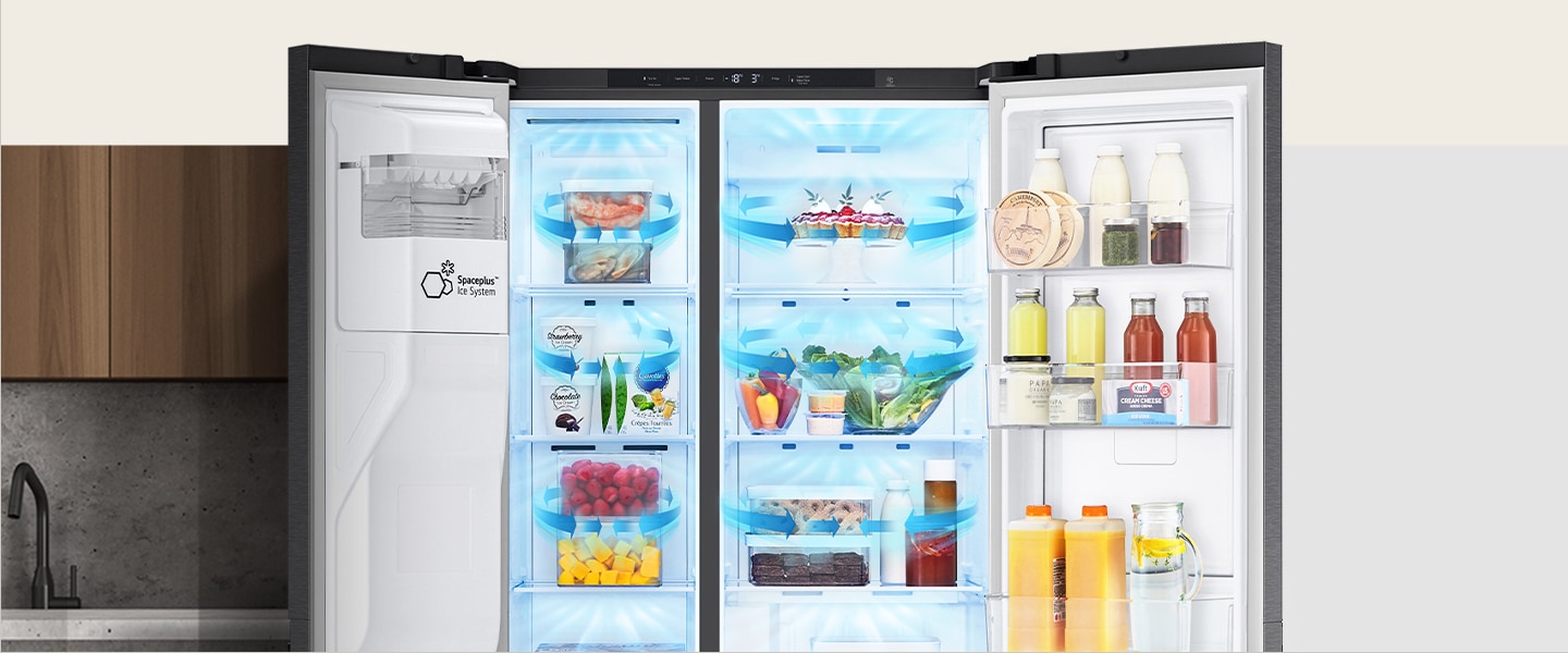 Inside the refrigerator filled with ingredients, blue arrows, which mean cold, are displayed below, on both sides, and on the whole.