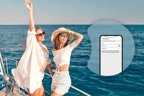 Image of a refrigerator manipulation app seen above images of two women looking free on a yacht on the sea.