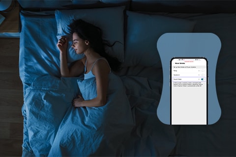 Image of a woman sleeping well at night that appears above the image of a refrigerator manipulation app.