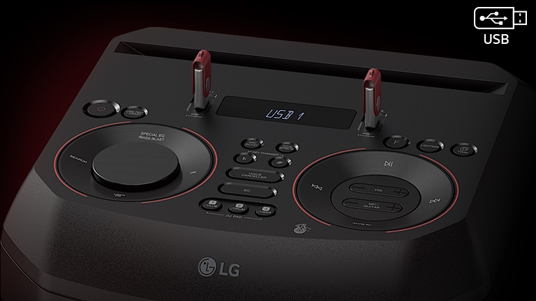 A close-up view of controls on top of RNC7, with two USBs plugged in. A USB icon is shown in the upper right corner.
