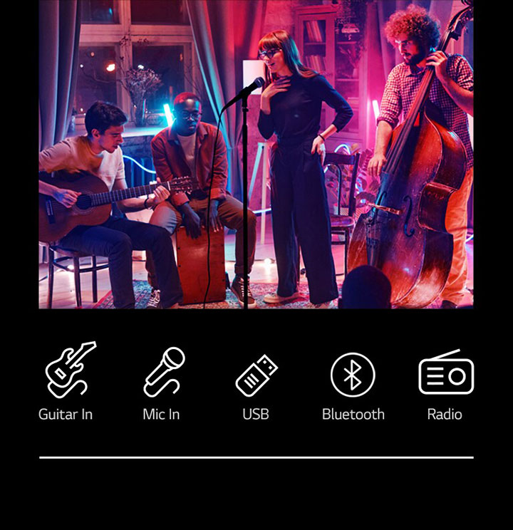 A concert scene. Connectivity icons are shown below the image.