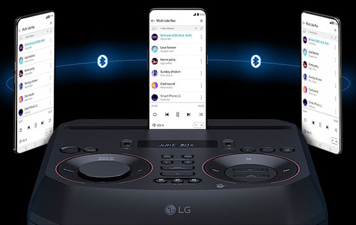 A smartphone is on an LG XBOOM RNC7 with two other smartphones floating around it. A Bluetooth logo is shown in bewteen smartphones.