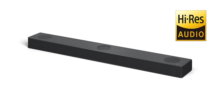 Full image of LG Sound bar with LG logo on the bottom right corner of a product. Hi-Res AUDIO logo is shown on the right or image.