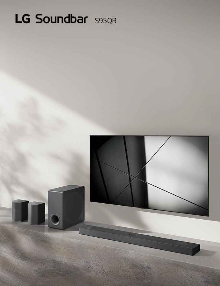 LG sound bar S90QY and LG TV are placed together in the living room. The TV is on, displaying a black and white image.