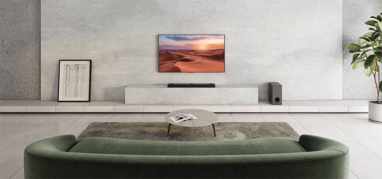 There is TV showing a nature image. A sound bar, a subwoofer, and 2 rear speakers in a wide living room. A wave with grid is coming out from sound bar, measuring the entire space of living room.