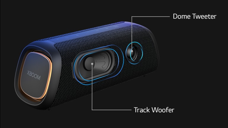 Diagonal view LG XBOOM Go XG7, showing its track type woofer and a dome tweeter.