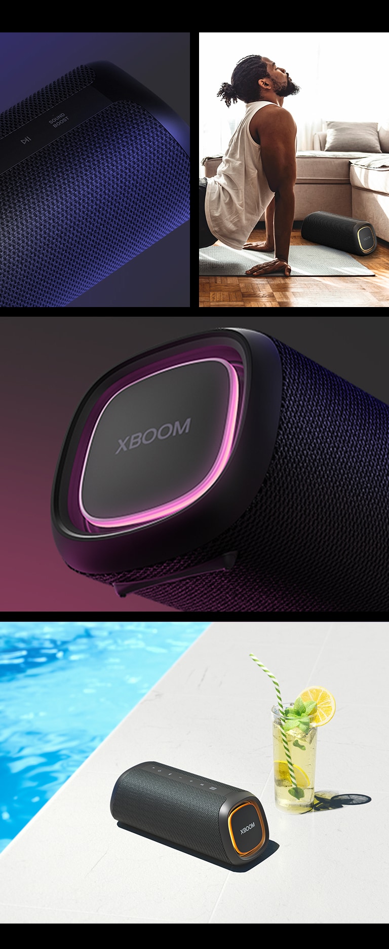 College. From left, close up view of LG XBOOM Go XG7. Next, an image of a man doing yoga, on top of the matt LG XBOOM Go XG7 is placed. On the right from top to bottom: close-up view of the speaker with pink lighting. The speaker with orange lighting and a lemonade are placed on the poolside.