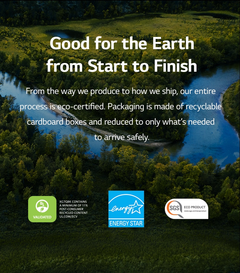 There's a forest and a river in the image. On the bottom of the image it shows UL, energy star and SGS logos.