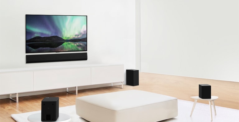 A video preview showing LG Soundbar in a white living room with a 3.1 channel setup. 