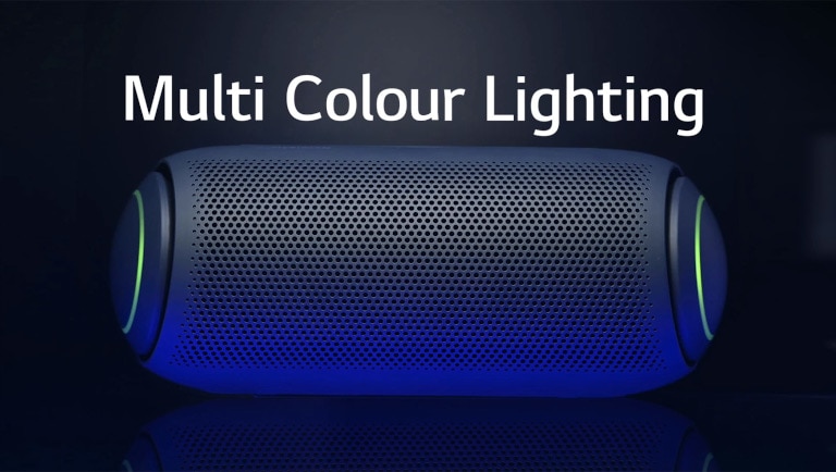 A front view of XBOOM Go with muli-coloured woofer lighting on a dark background