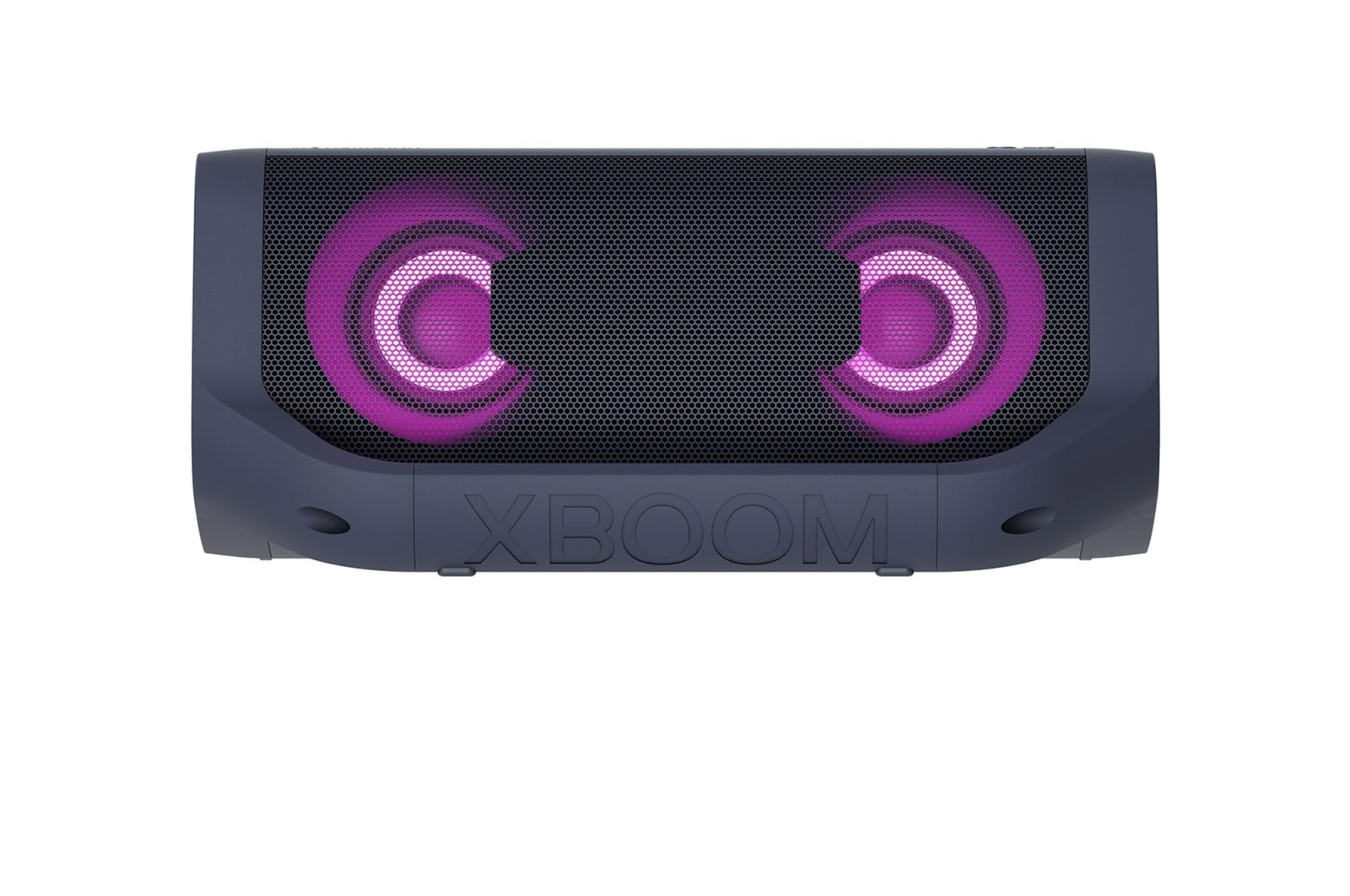 Front view of LG XBOOM Go with purple lighting