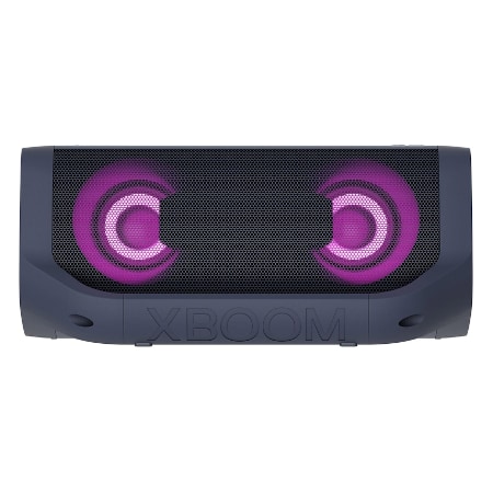 Front view of LG XBOOM Go with purple lighting