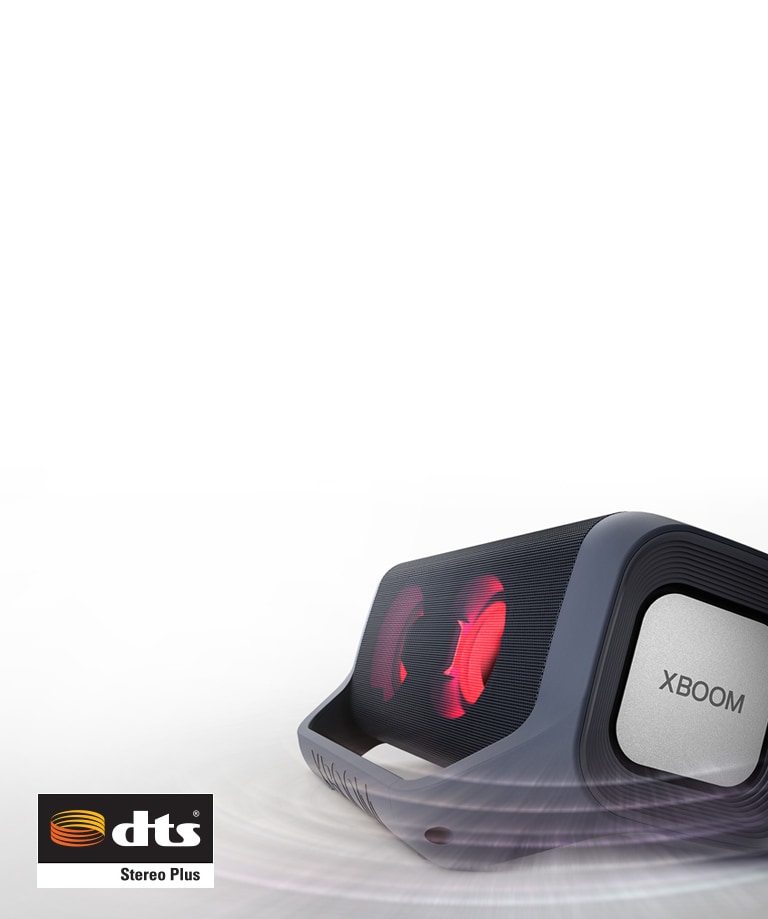Mid-shot of the left side of an LG XBOOM Go on a white surface. It has red lighting and a ripple wave effect around it.