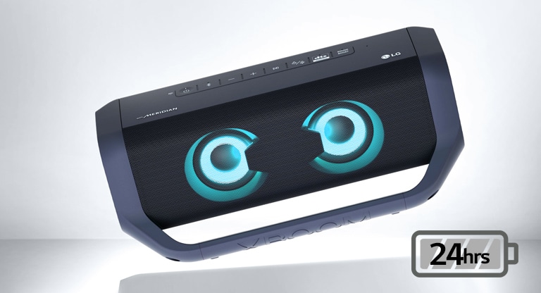 LG XBOOM Go tilts to the left and floats in the air. The woofer lighting is sky blue.