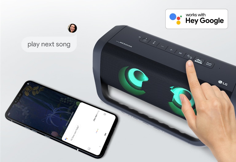 A hand presses an LG XBOOM Go button. A smartphone is next to it. There's a speech bubble. Google's logo is in the top right.
