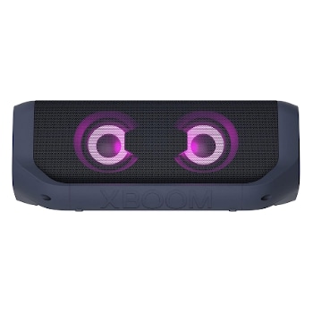 Front view of LG XBOOM Go with purple lighting
