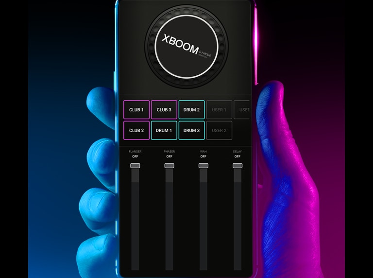 A hand holding a smartphone, showing DJ app.