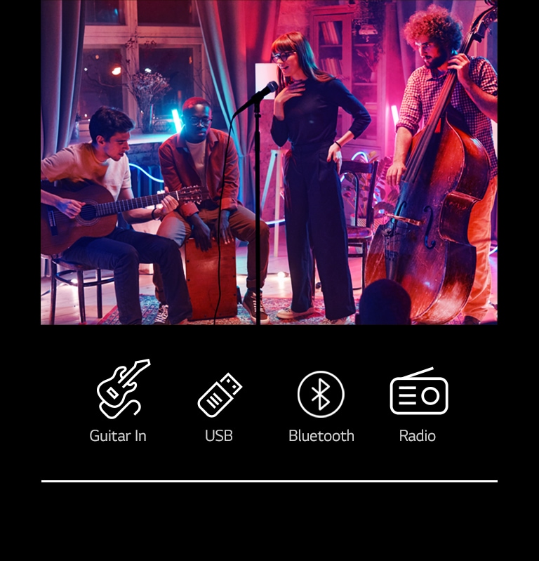 A concert scene. Guitar In, USB, Bluetooth, and Radio icons are shown below the image.