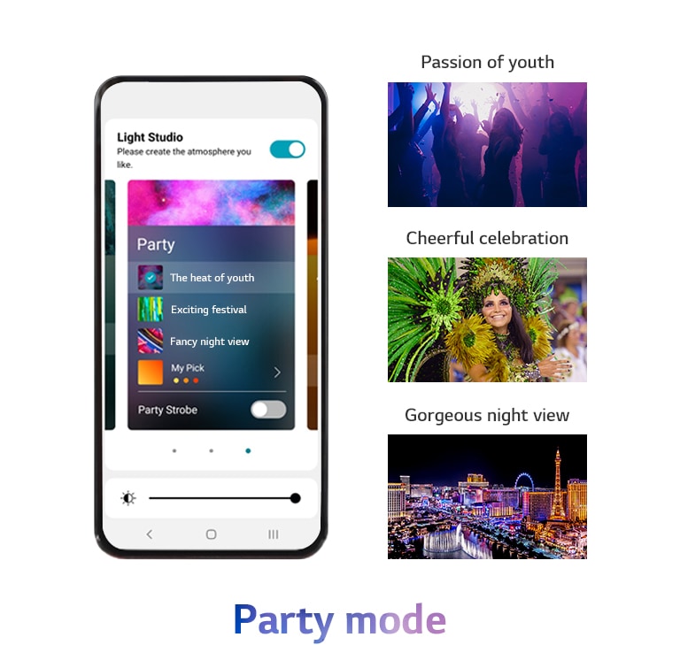 Mobile phone image with the APP screen on in party mode.ilhouette images of people dancing in clubs. The image of a woman wearing colourful party clothes. The night view of the city colored by neon colours.