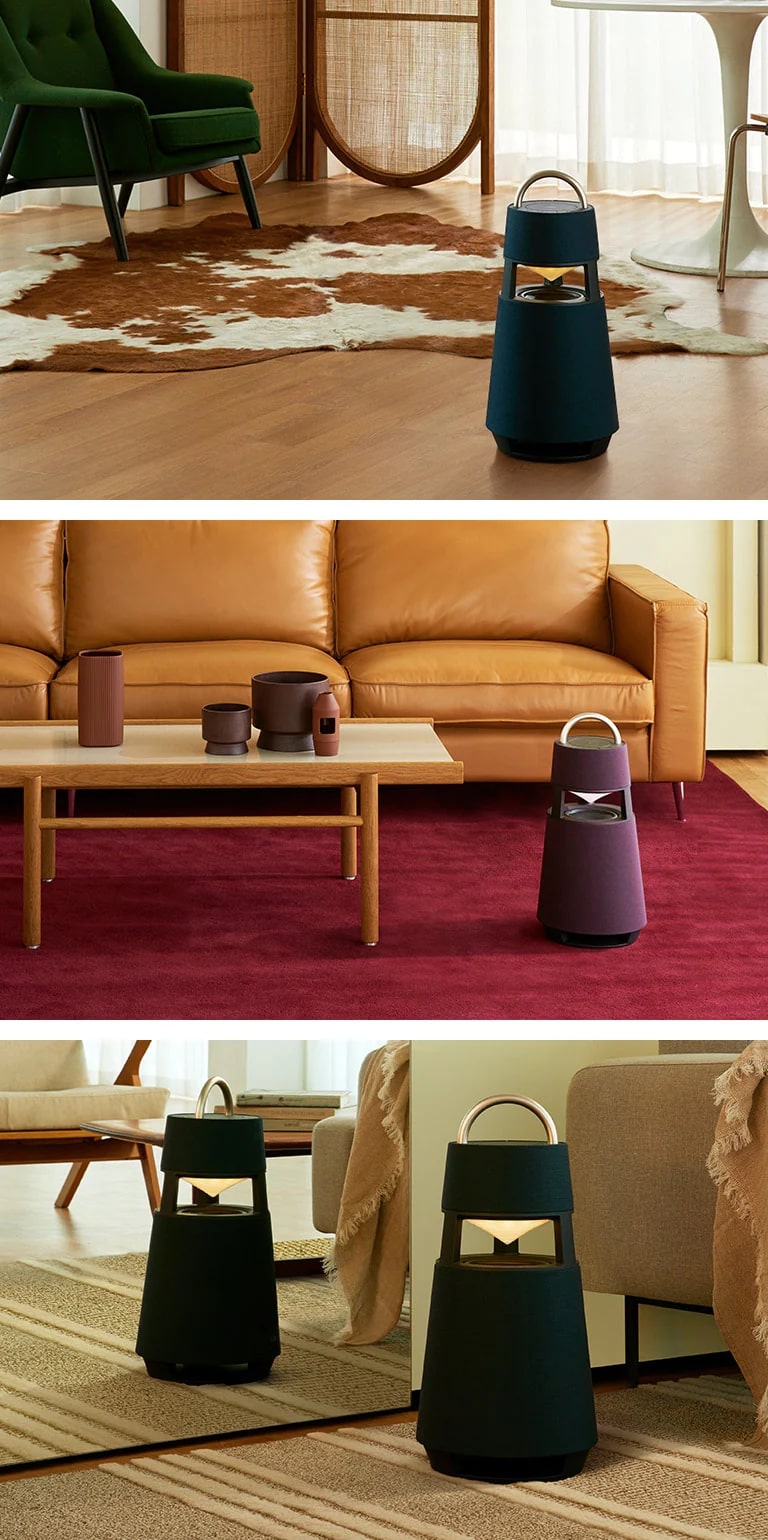 Image of XBOOM 360 lying on the floor of Woodton's interior living room. Image of XBOOM 360 placed on a red carpet. Image of XBOOM 360 reflected on a mirror placed next to a beige sofa.This is a GIF video where there is no product in the interior of 3 colors and then comes back.