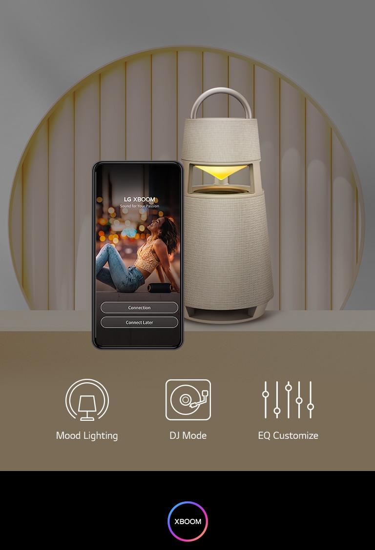 Mobile phone on xboom app screen and XBOOM 360 product on warm background.