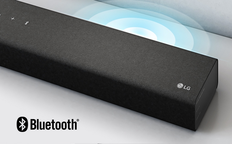 LG Soundbar is on the white shelf. The Sound graphic coming out from the speaker. LG logo is shown on the left corner of the Soundbar.