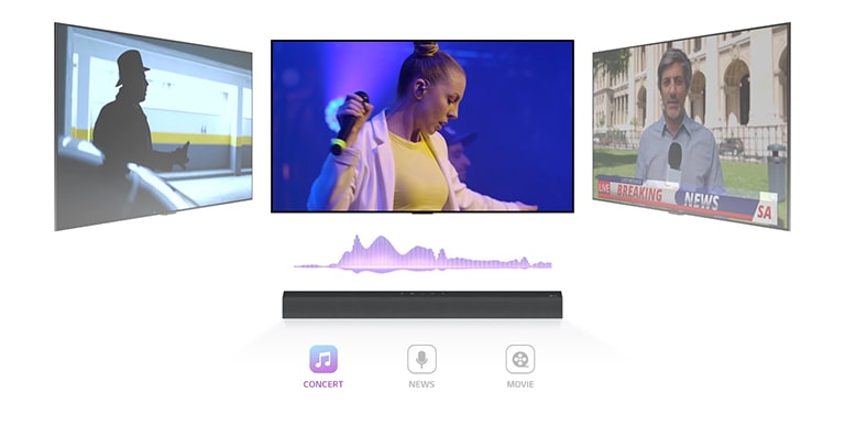TV shows a concert, the channel is switched to News and an anchor is speaking, and channel once again is switched to a movie scene. LG Soundbar is right below TV in the infinite space. Play the video.