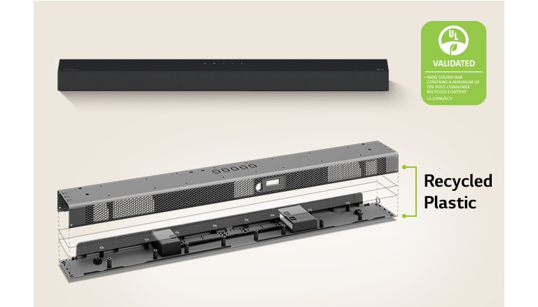 There is a front view of Soundbar behind and a metal frame image of Soundbar in front.