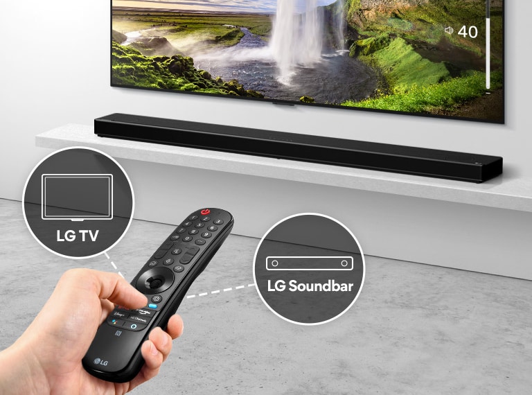 There is a remote control in someone's hand, controlling TV and soundbar in the back. There are icons of LG TV and LG Soundbar.