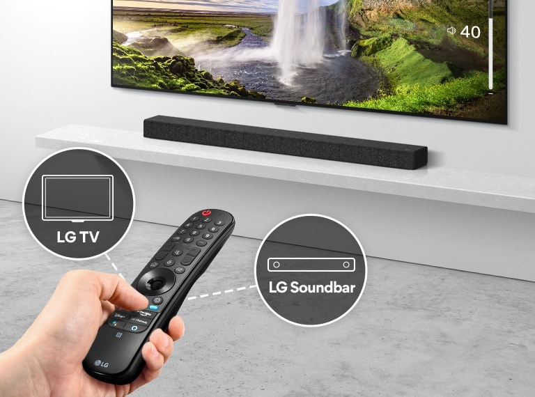 There is a remote control in someone's hand, controlling TV and soundbar in the back. There are icons of LG TV and LG Soundbar.