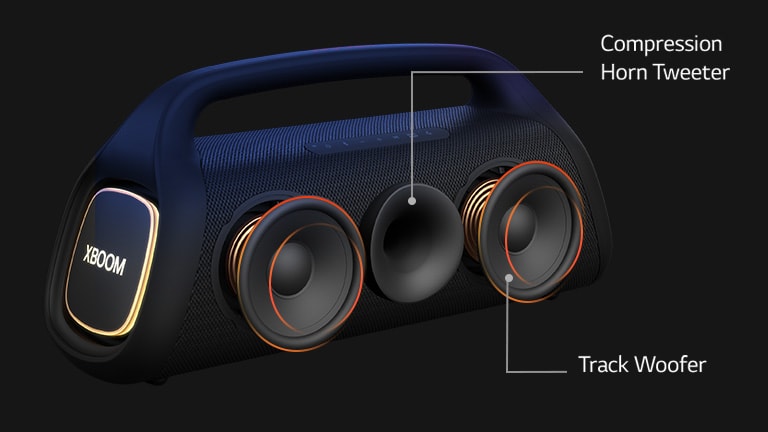 Diagonal view LG XBOOM Go XG9, showing its compression horn tweeter and a track woofers.