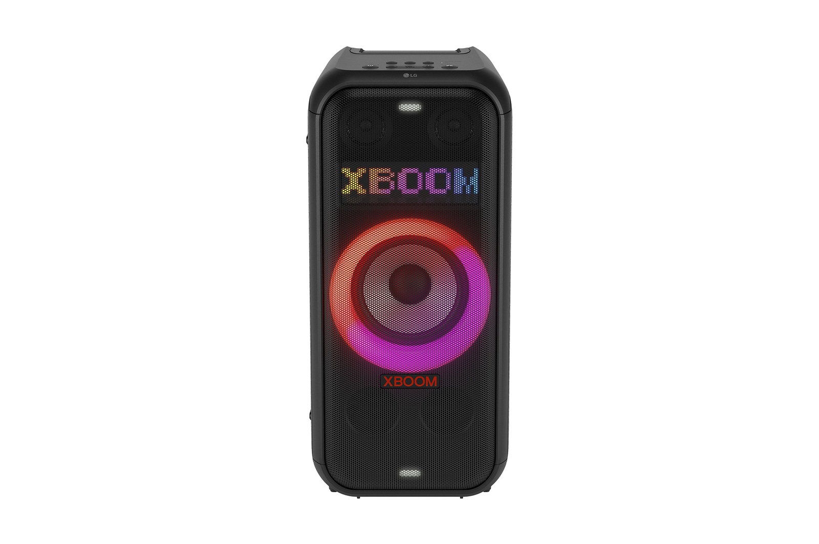 Front view with all lighting on. On the Dynamic Pixel Lighting panel, it shows the text; XBOOM.