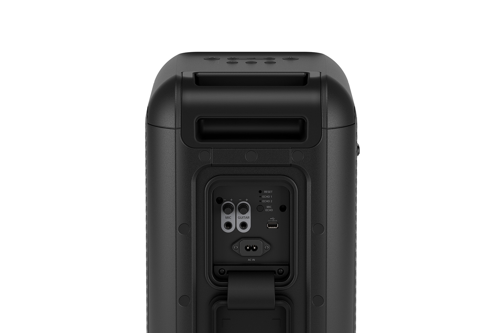 45-degree angle of back view. Showing buttons and a telescopic handle, and wheels.