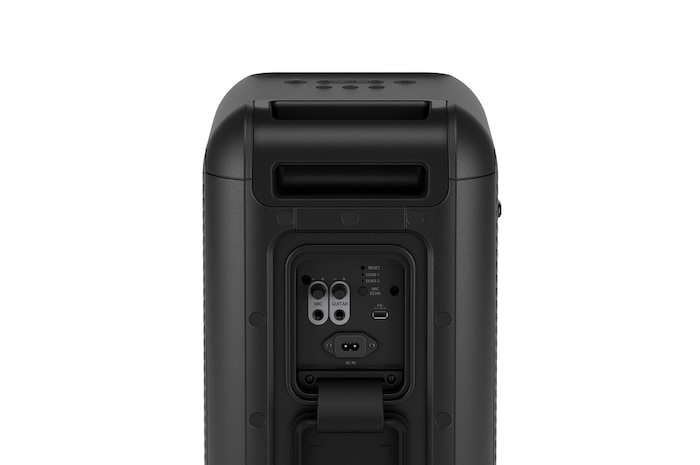 45-degree angle of back view. Showing buttons and a telescopic handle, and wheels.