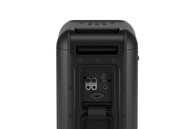 45-degree angle of back view. Showing buttons and a telescopic handle, and wheels.