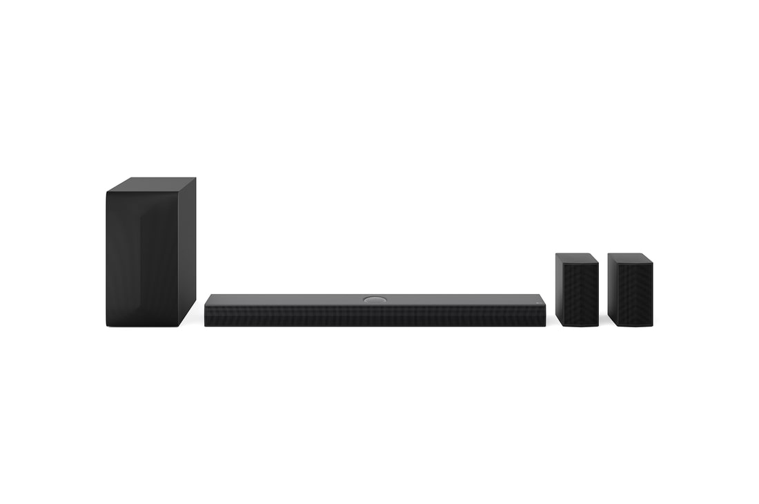 Front view of LG Soundbar US70TR, subwoofer, and Rear Speakers