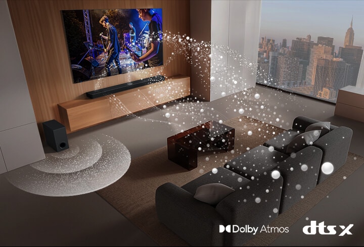 LG Soundbar, LG TV and a subwoofer are in a living room of a skyscraper, playing a musical performance. White soundwaves made up of droplets project from the soundbar, looping around the sofa. A subwoofer is creating a sound effect from the bottom. Dolby Atmos logo DTS X logo