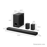 Angled view of LG Soundbar S80TR and subwoofer and dimension information including depth width and height
