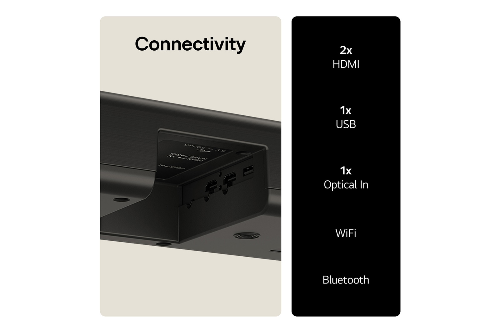 LG Soundbar US80TR Feature card - Showing connectivity including HDMI USB Optical in Wifi and Bluetooth