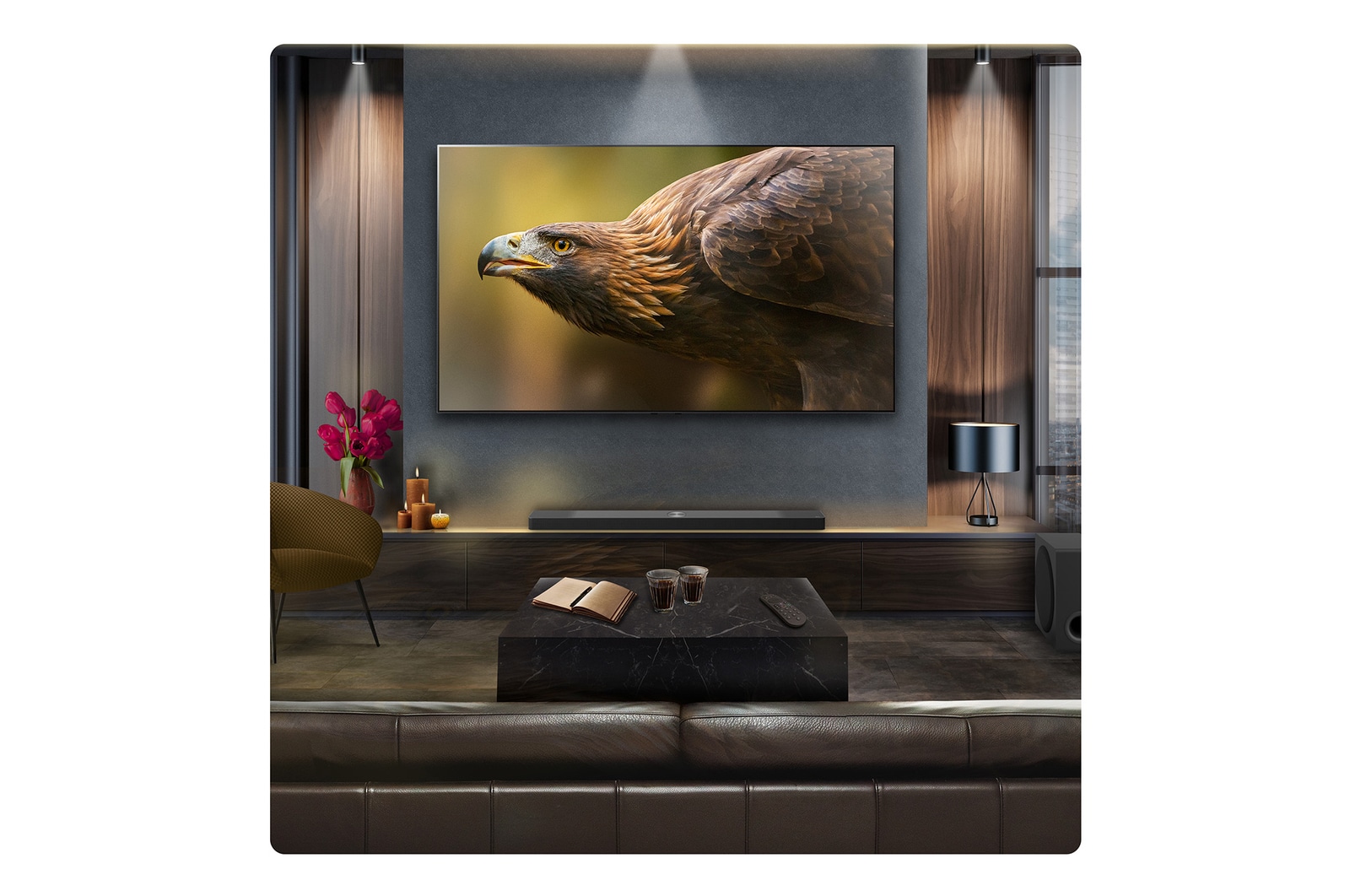 Lifestyle image showing the US80TR with LG TV in a luxury living room setting 