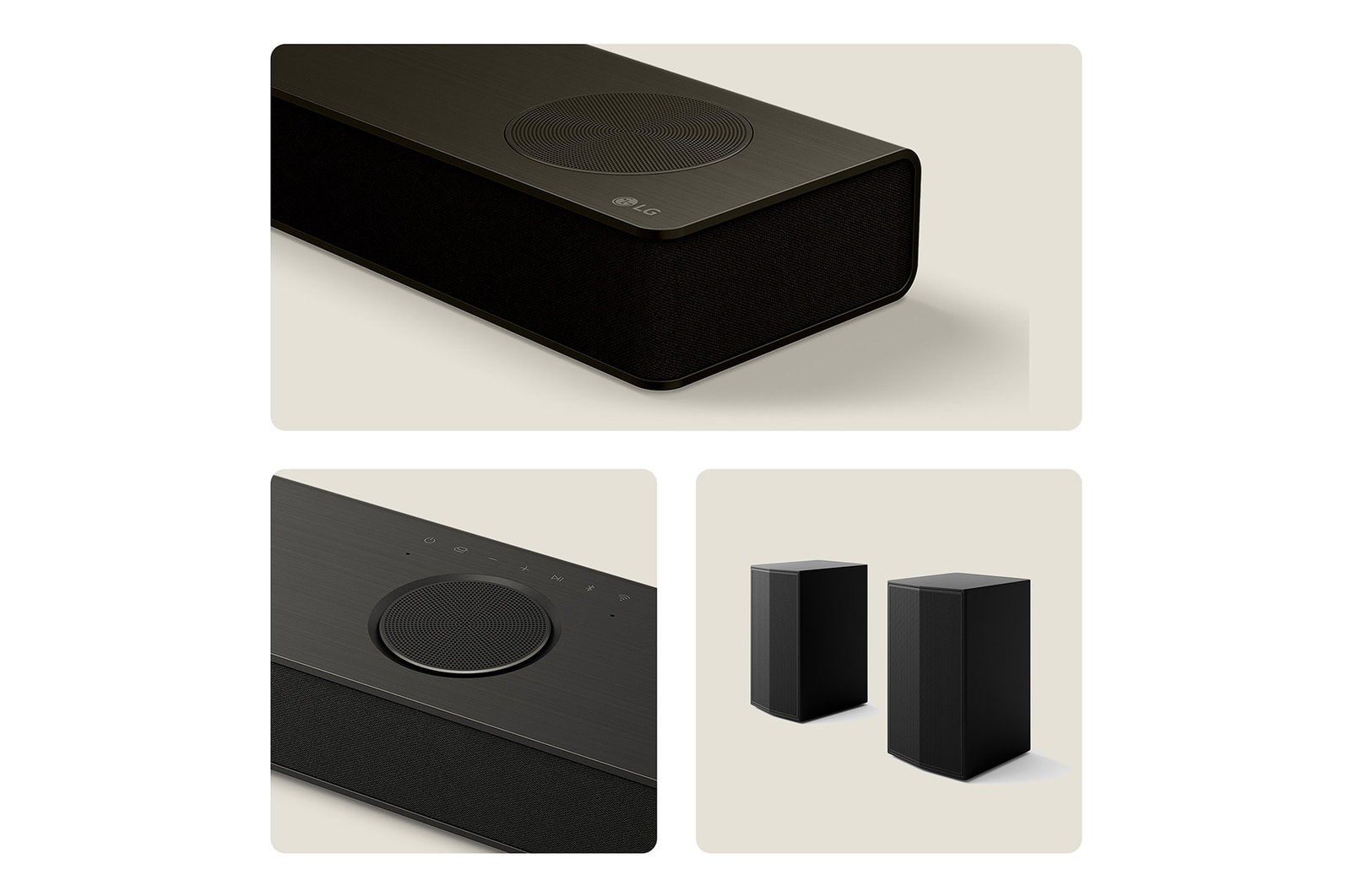 3 individual shots of the US80TR soundbar and speaker 