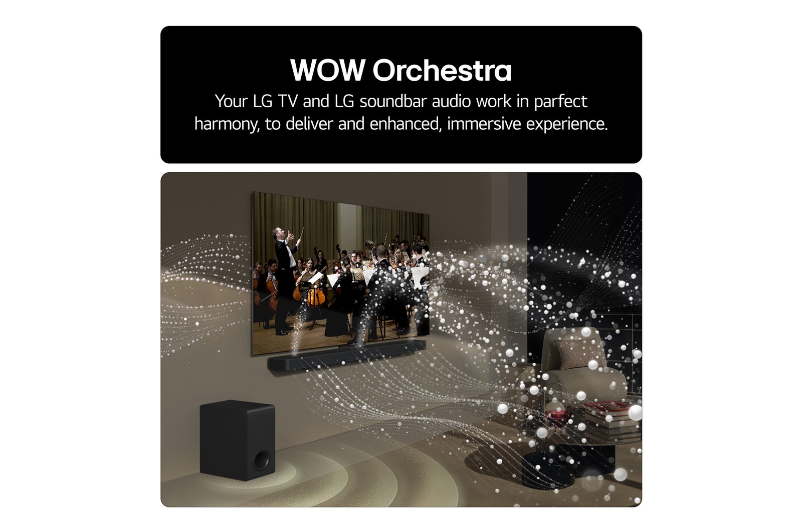 LG Soundbar US80TR Feature card - LG TV and LG Soundbar audio work in perfact harmony to deliver and enhanced immersive experience